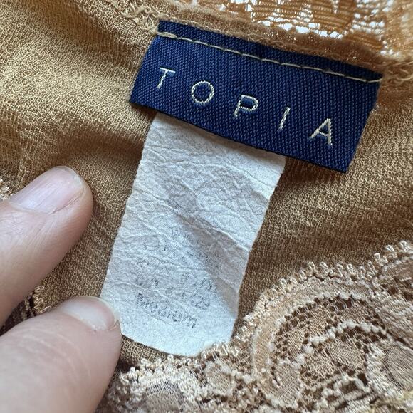 Vintage Y2K Babydoll Top Women's M Tan Cap Sleeve Coquette Festival Lace Dainty - Picture 4 of 6